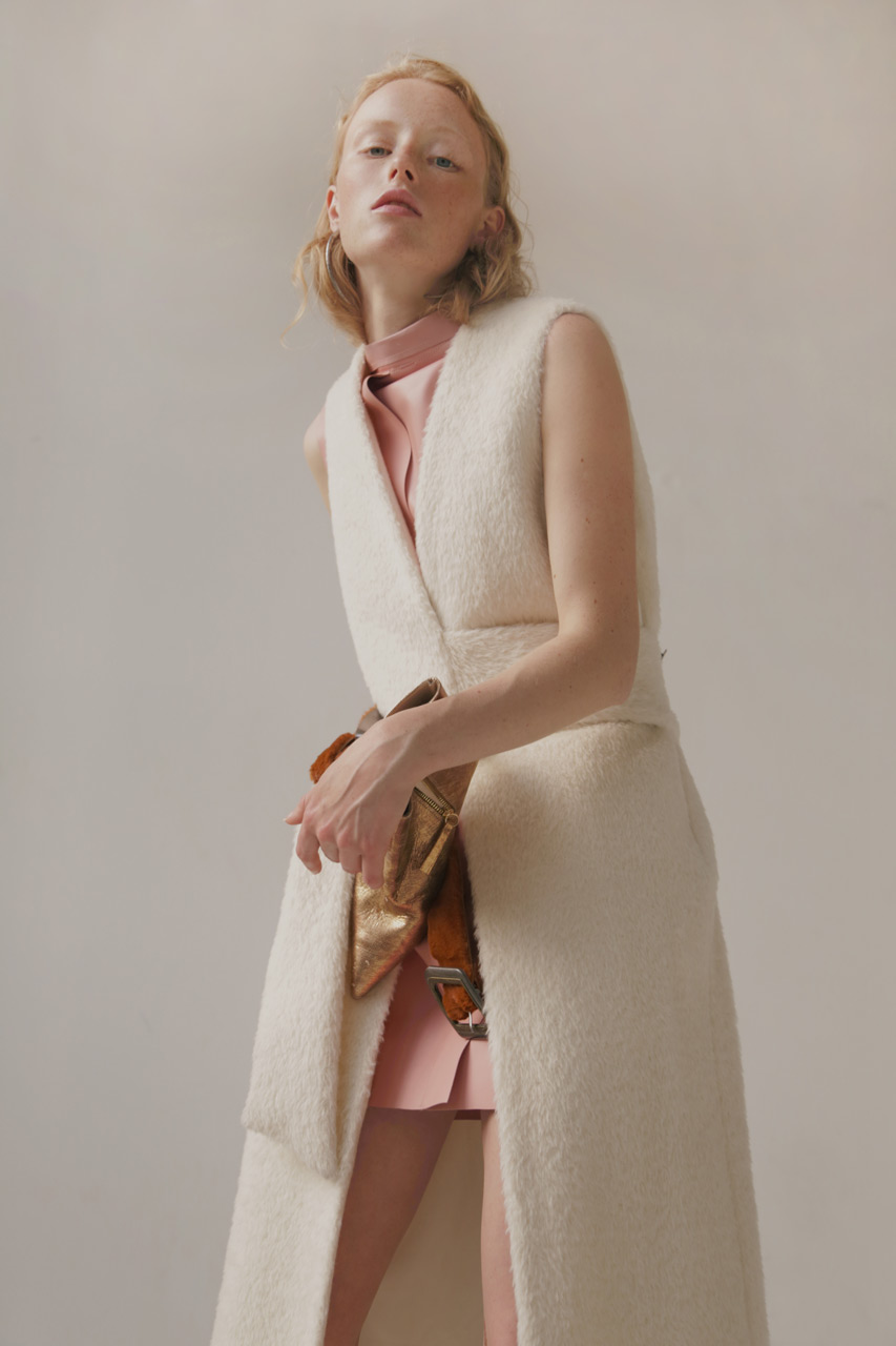 Layer Cake — Fur Gilet & Leather Gilet Hui Golden Boot Office Belt Prada Earrings Jane Kønig