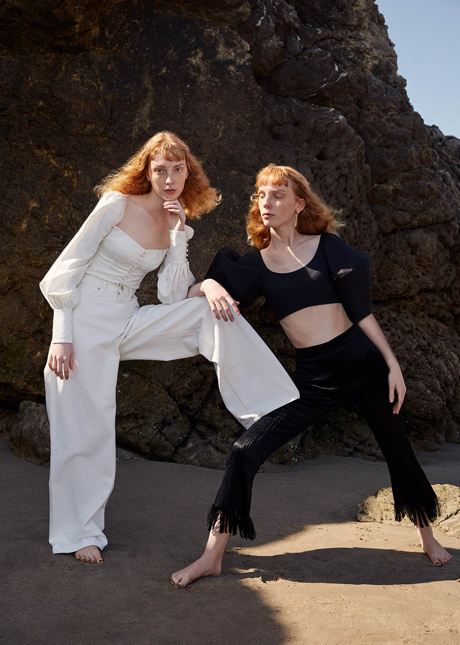 The Fly Twins — Left: Top Orseund Iris Denim Trousers Goldsign / Right: Top Ellery Trousers Chloe Jewelry Leigh Miller