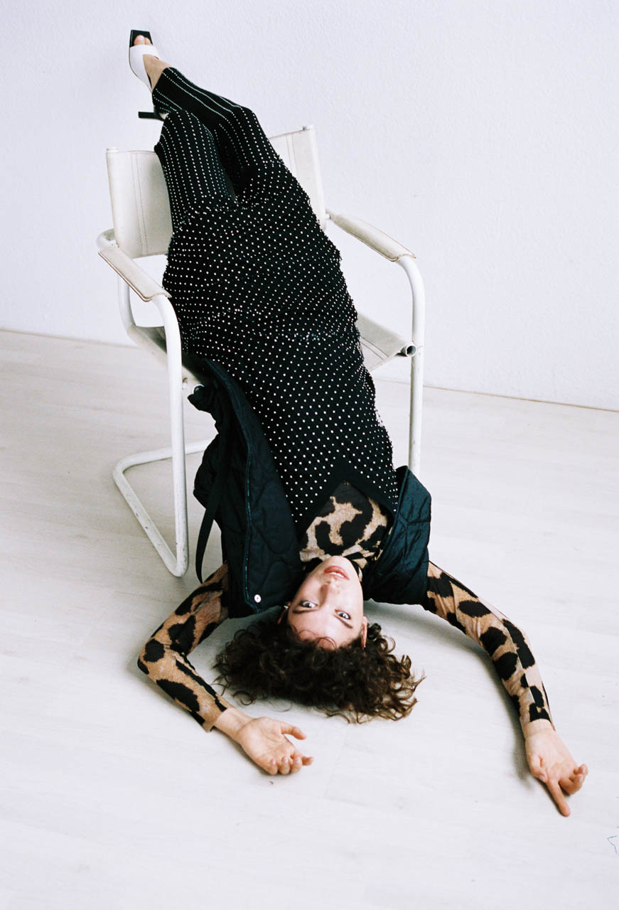 Off Balance — Turtleneck Ganni Dress, Leggings & Earrings lala Berlin Vest Our Legacy Shoes Wandler