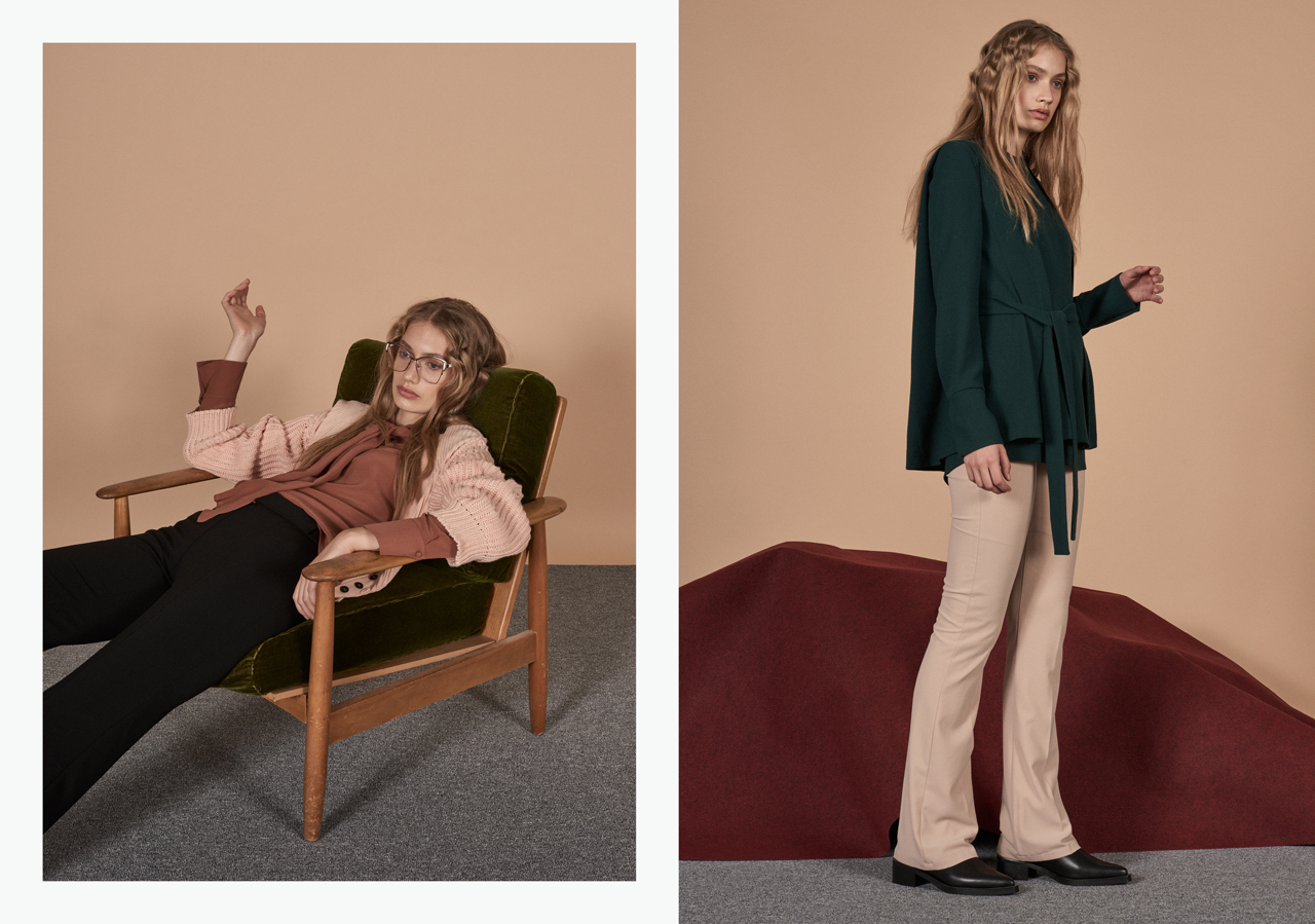 Words Don’t Come Easy — Left: Blouse IVI Collection Cardigan Sonia Rykiel Pants Patrizia Pepe Glasses Andy Wolf / Right: Blouse and Vest Nobi Talai Pants Patrizia Pepe Shoes Zign