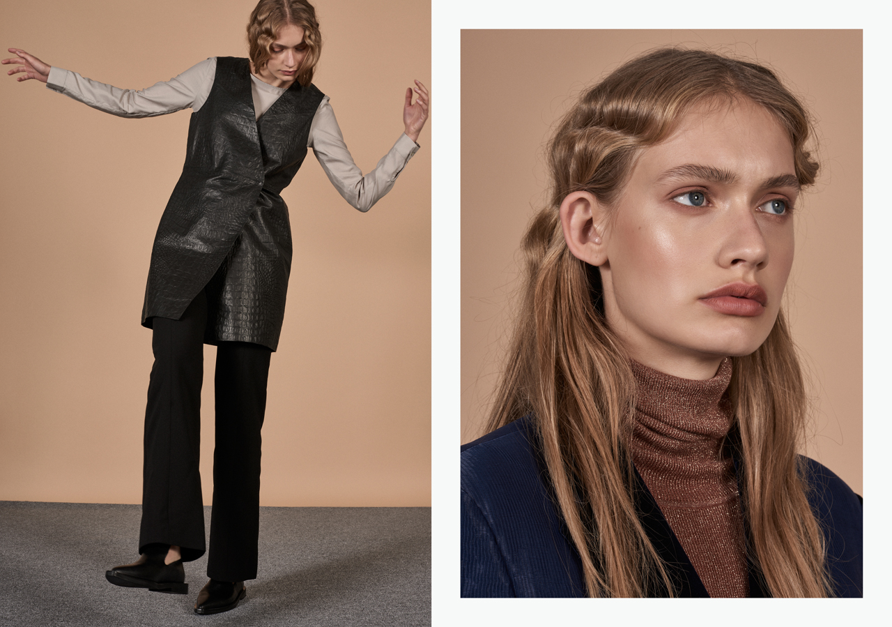 Words Don’t Come Easy — Left: Blouse Wunderwerk Dress Tiger of Sweden Pants Patrizia Pepe Shoes Zign / Right: Suit William Fan Turtleneck Pullover Patrizia Pepe